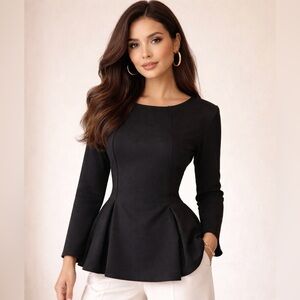 BOSTON PROPER Black Peplum Top Long Sleeve Piping Seams NWOT Size M